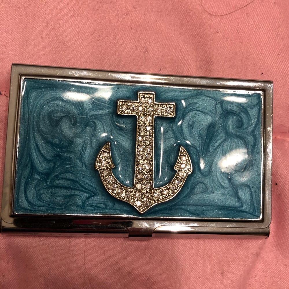 Rhinestone Anchor Mirrored Business Card Holder